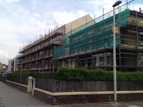 Apex scaffolding erected to flats on Lytham Road in South Shore, Blackpool